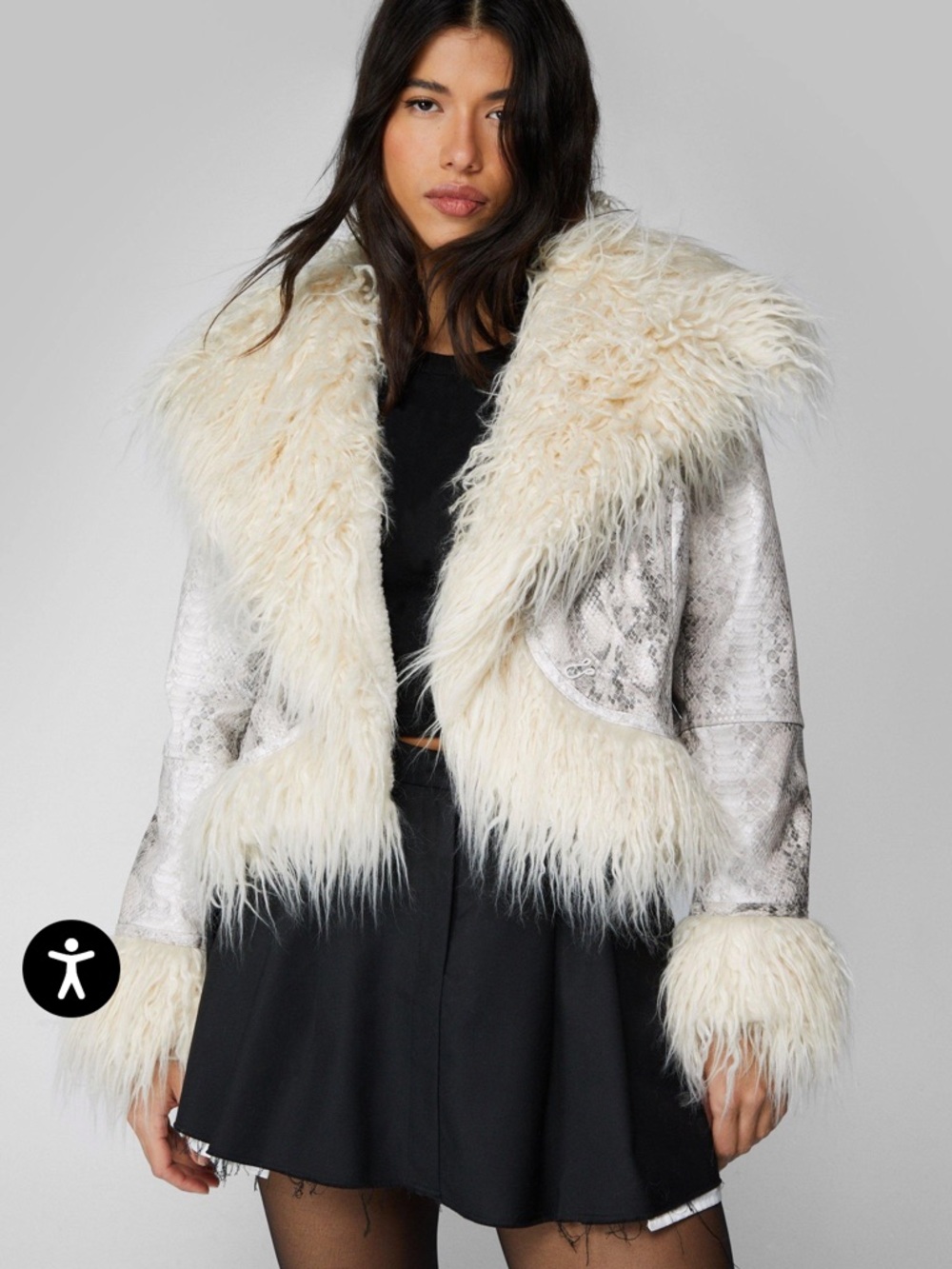 Nasty Gal Cream Faux Fur Trim Shearling Jacket